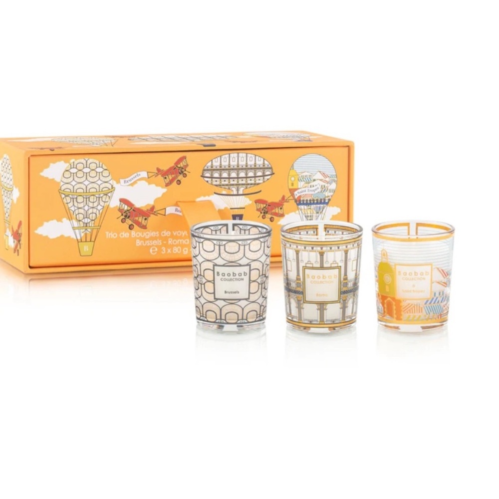 Baobab Collection Trio Travel Candle Set: Brussels, Roma & Saint-Tropez